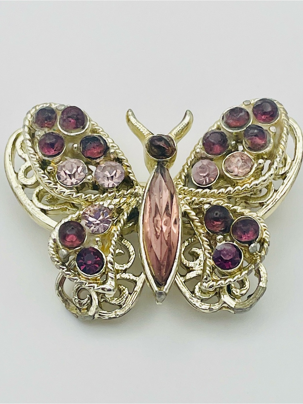 Vintage Coro Gold-Tone Tiered Butterfly Brooch with Rose and Amethyst Stones